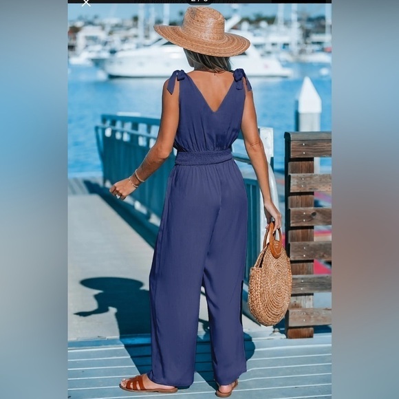 Cupshe Blue Sleeveless Tie Shoulder Wide Leg Jumpsuit Sz S - Picture 3 of 10